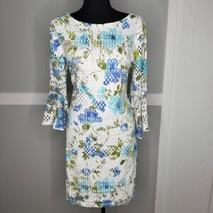 R&K Floral Lace Bell Sleeve Dress Womens 8 White Blue Green Stretch
